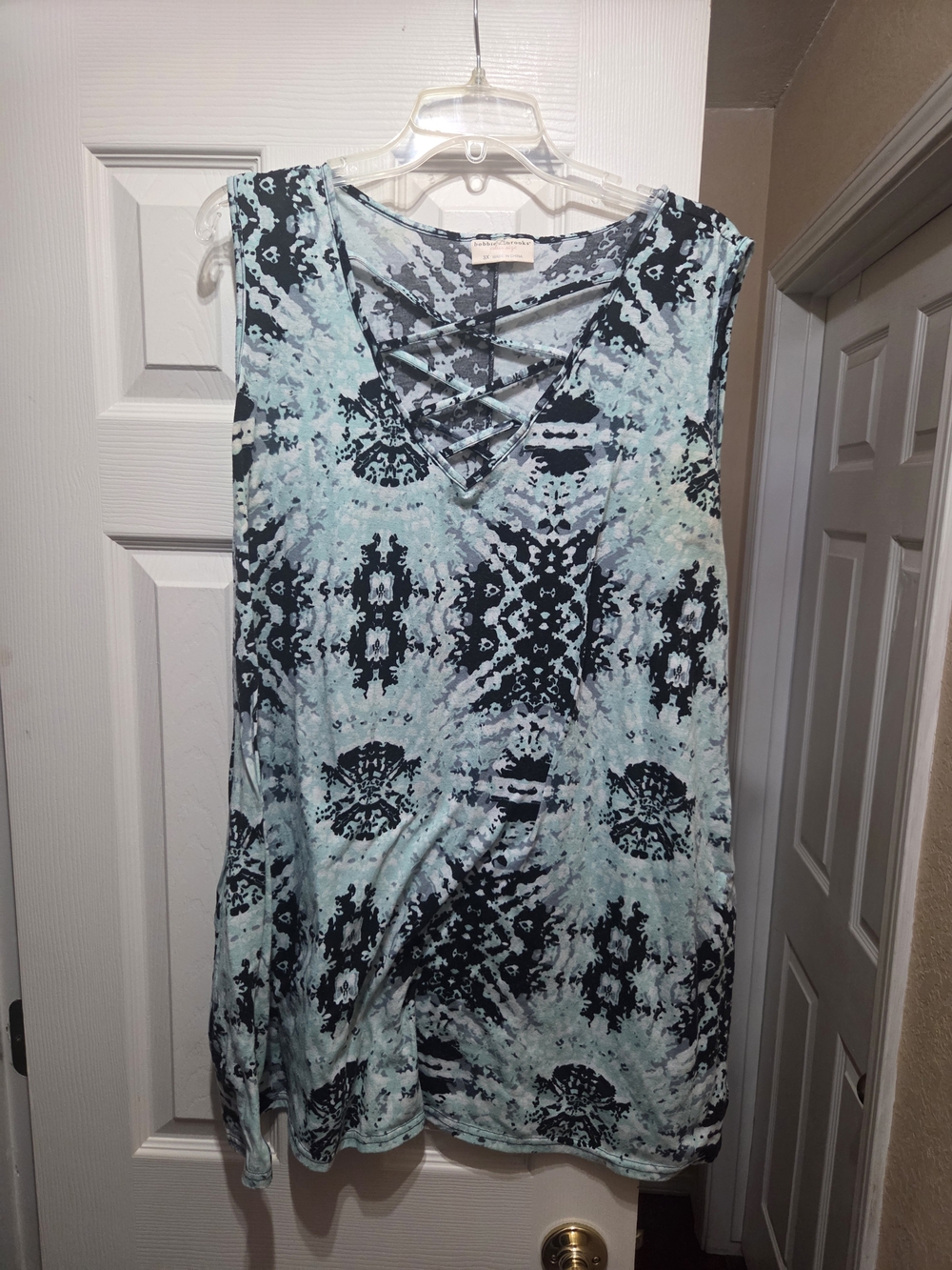 Bobbie Brooks Aqua and Black Tie-Dye V-Neck Tank with Crisscross Straps